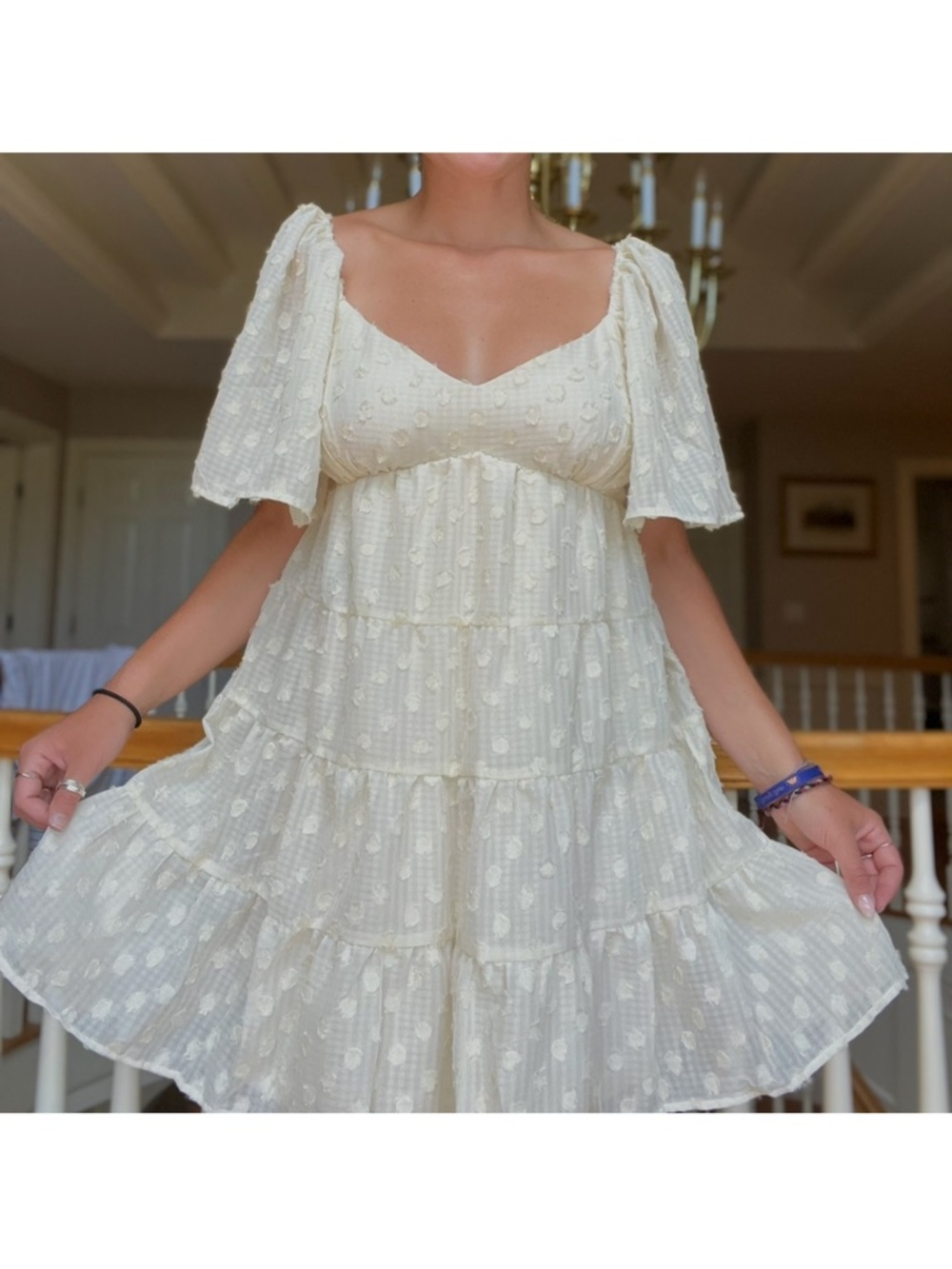 Ivory Tiered Swiss Dot Mini Dress with Puff Sleeves